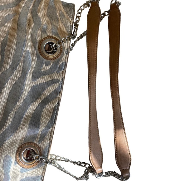 Kate Landry Silver Zebra Print Woven Tote with Chain and Leather Straps - Picture 12 of 14